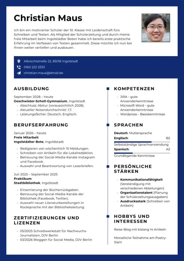 lebenslauf für schüler