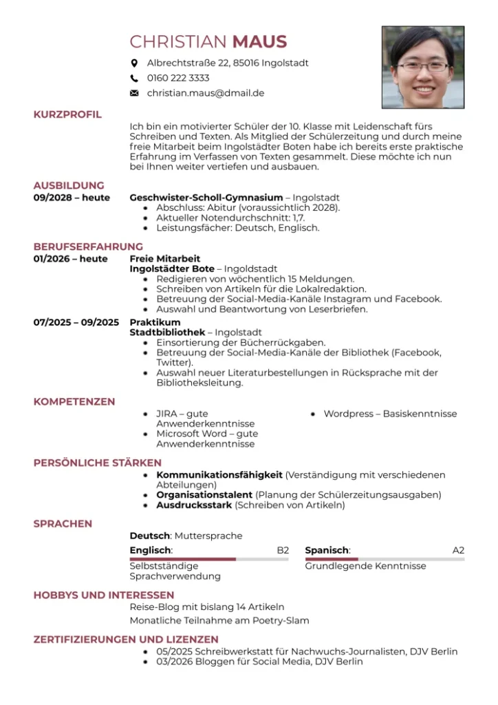 lebenslauf schüler vorlage