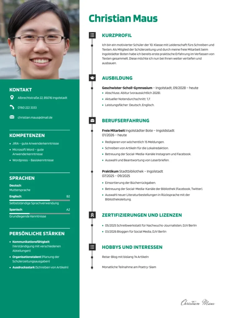 lebenslauf schüler